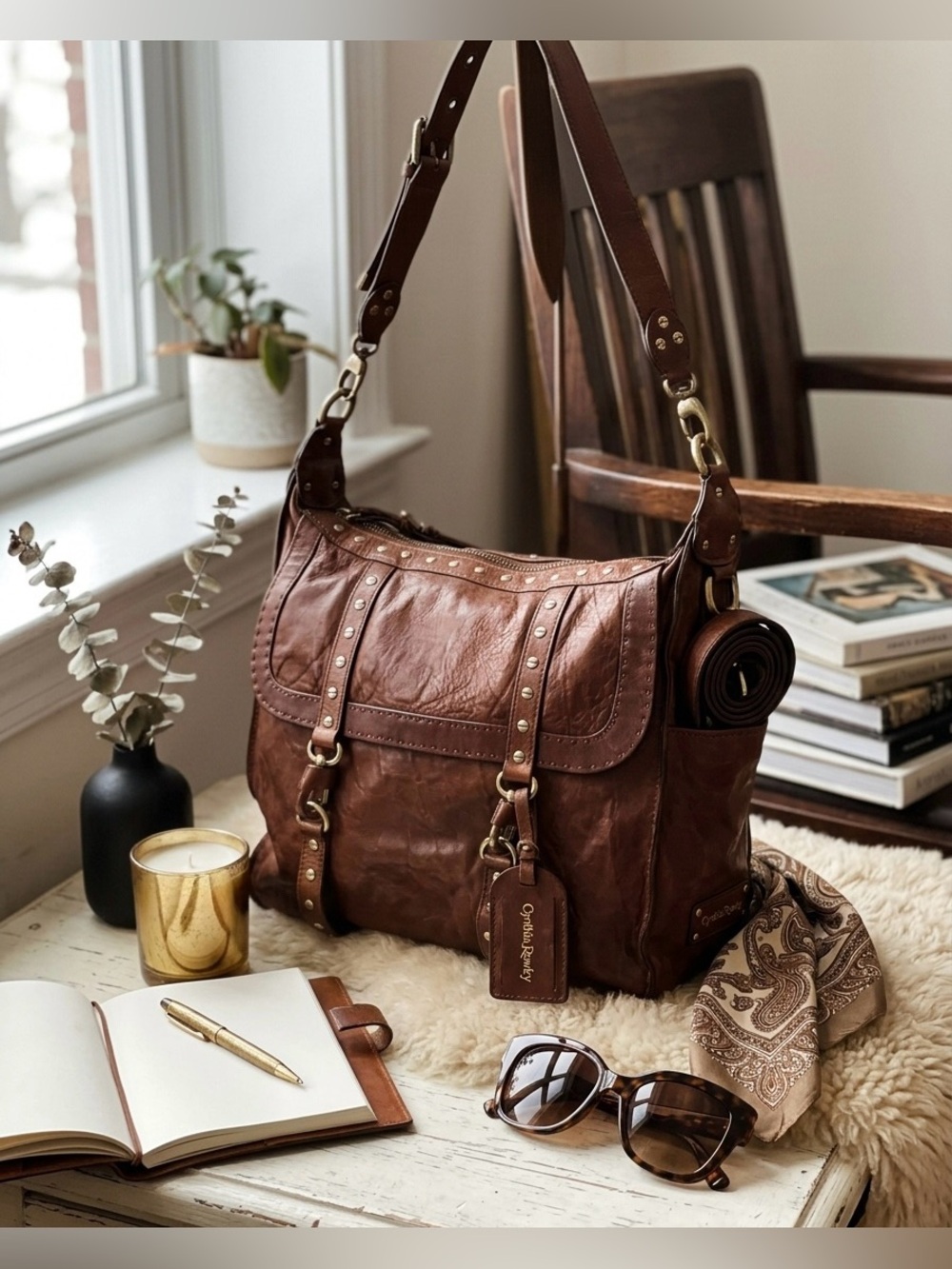 Cynthia Rowley Brown Leather Studded Shoulder Bag W/ Adjustable Strap